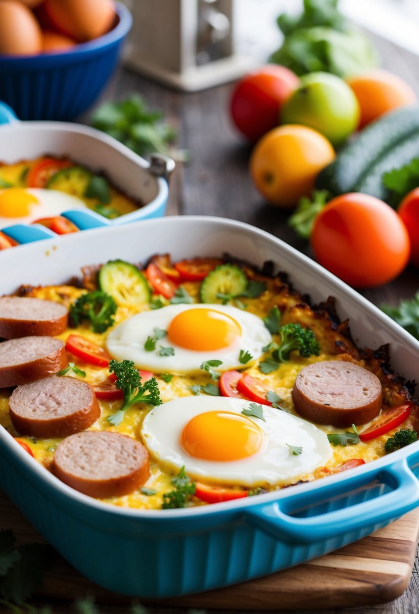 A colorful breakfast casserole dish with sliced turkey sausage, eggs, and vibrant vegetables, fresh from the oven