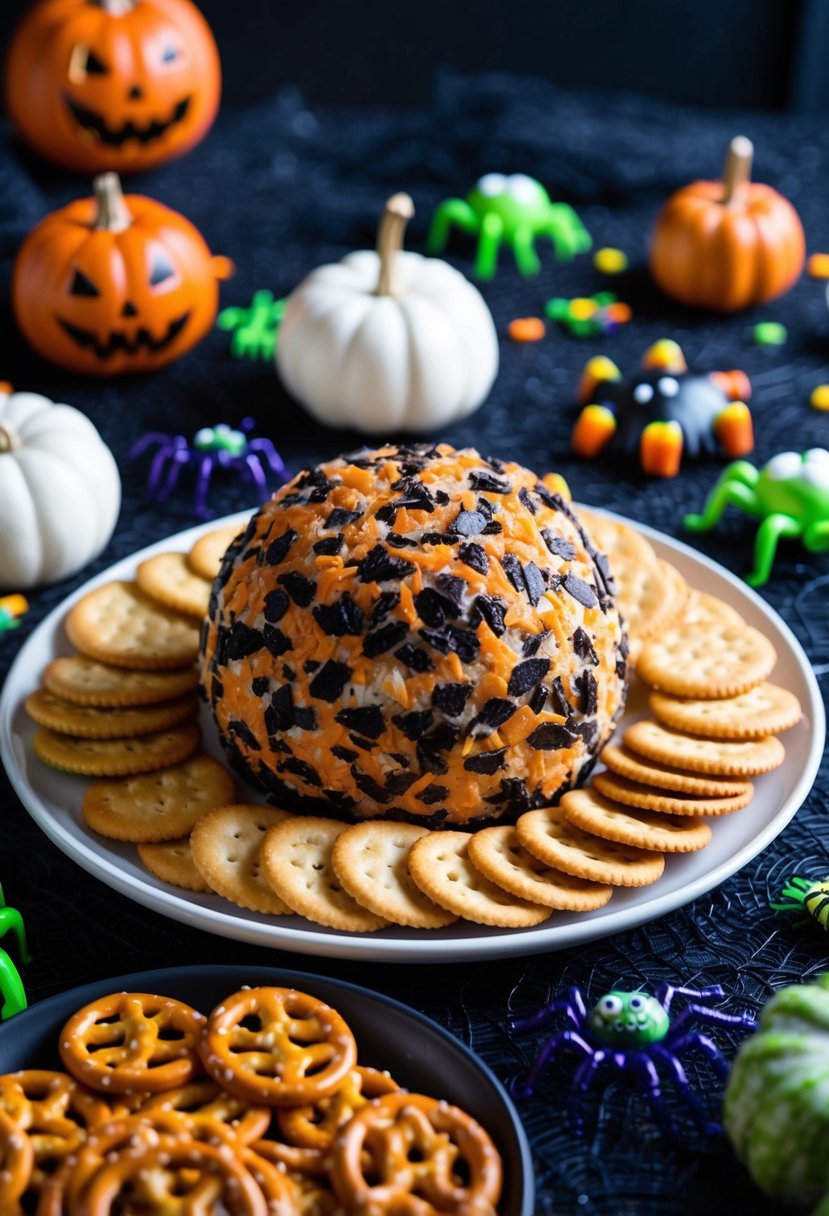 A spooky Halloween cheeseball surrounded by crackers, pretzels, and creepy-crawly decorations on a festive table