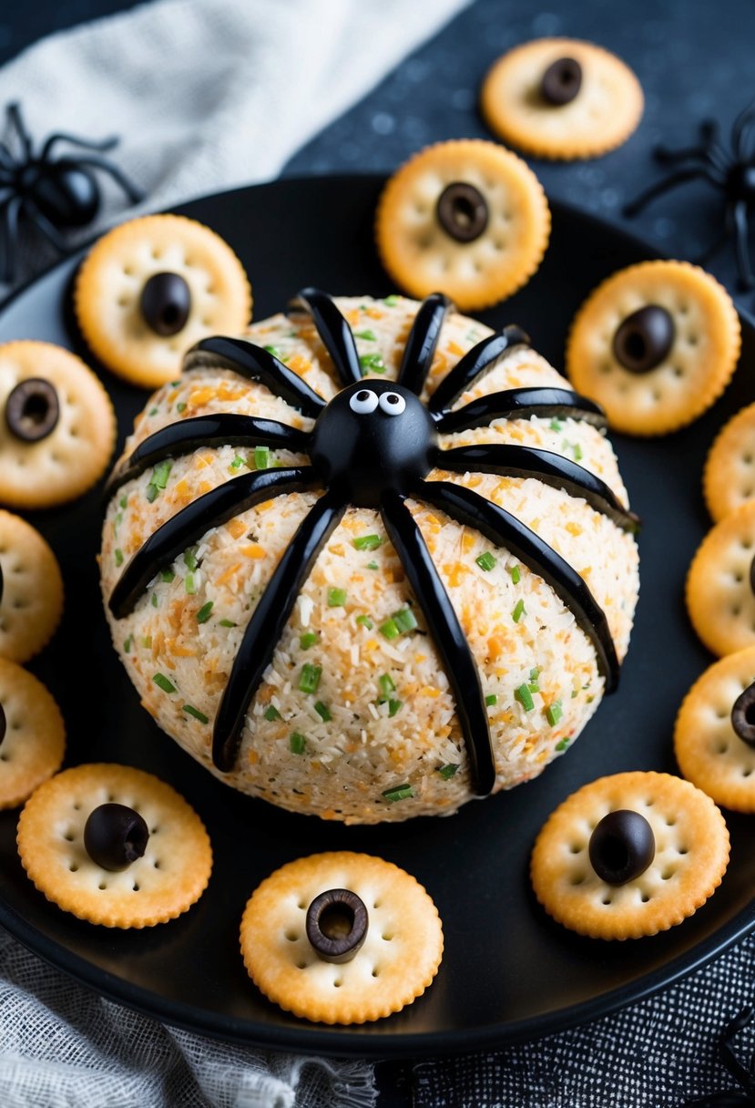 A large spider-shaped cheeseball surrounded by crackers and garnished with black olives, creating a spooky Halloween-themed appetizer