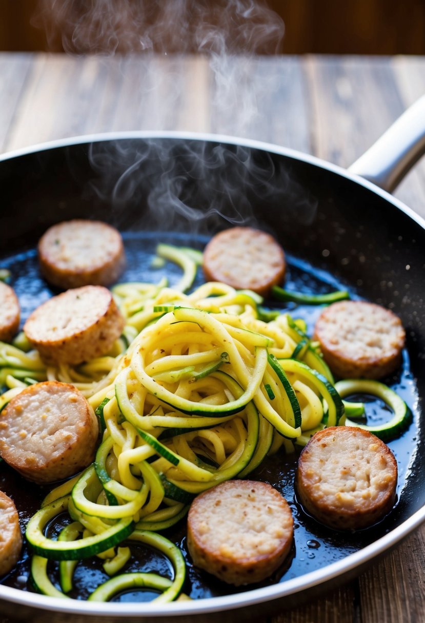 A sizzling skillet with sliced turkey sausage and zucchini noodles cooking together, emitting savory aromas