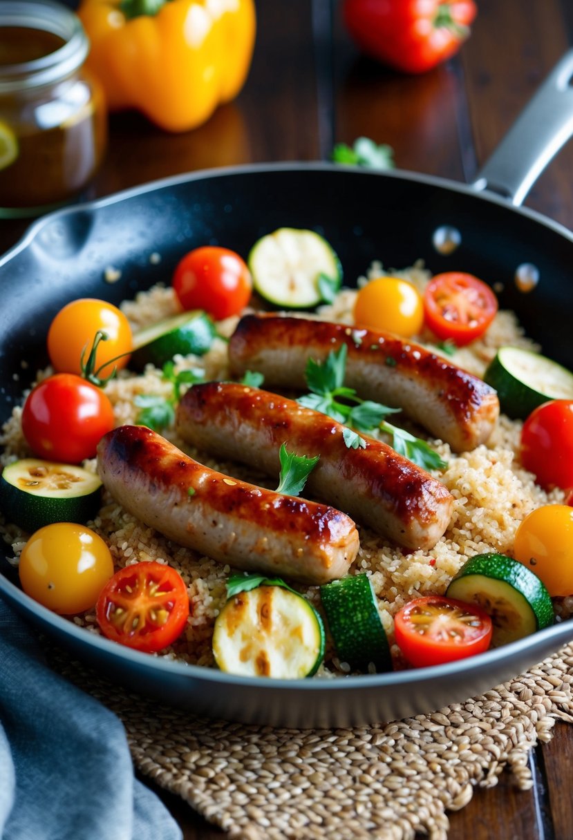 A sizzling skillet of balsamic-glazed turkey sausage, bell peppers, zucchini, and cherry tomatoes on a bed of quinoa