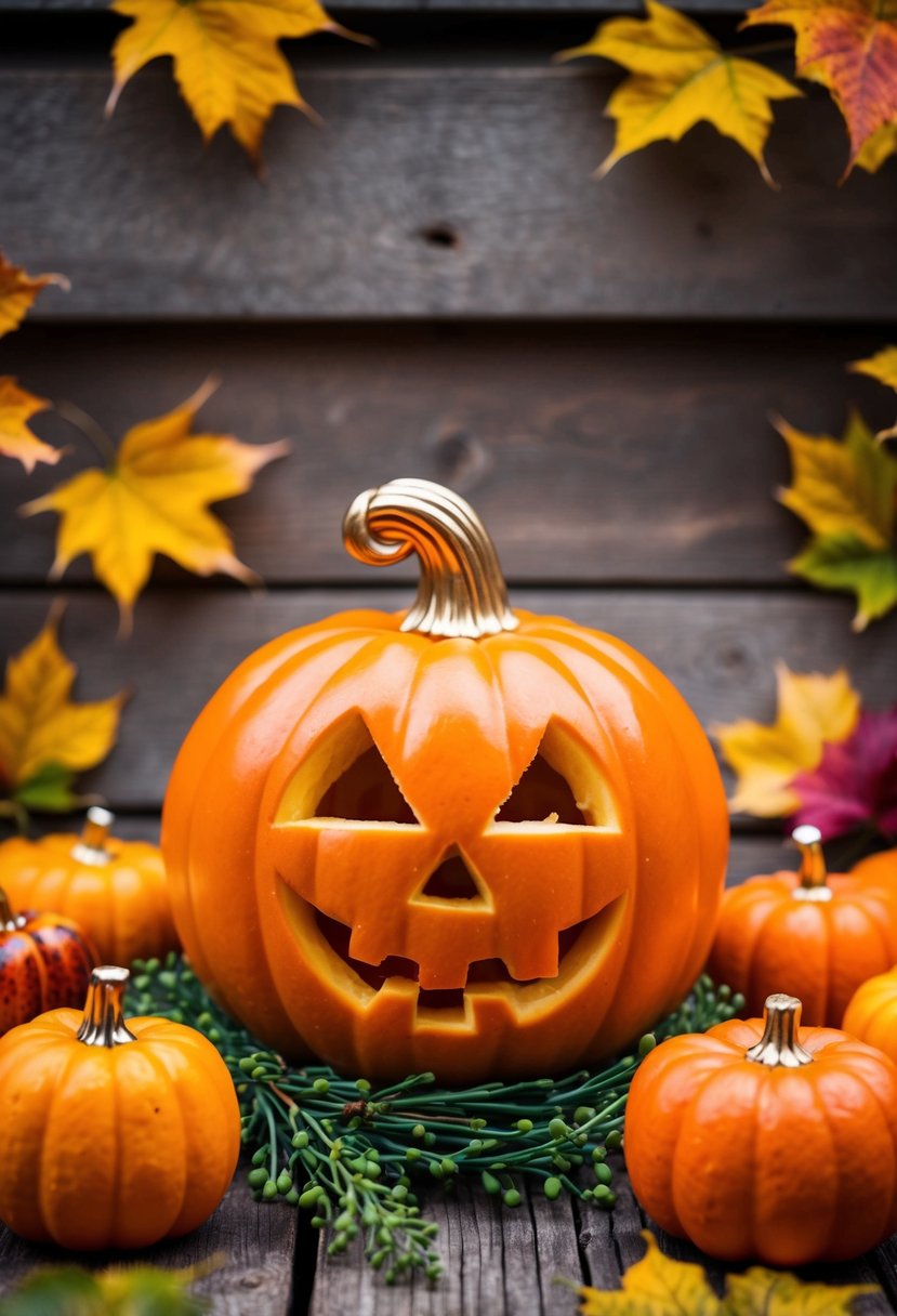 A festive pumpkin-shaped cheeseball surrounded by autumn leaves and small decorative pumpkins