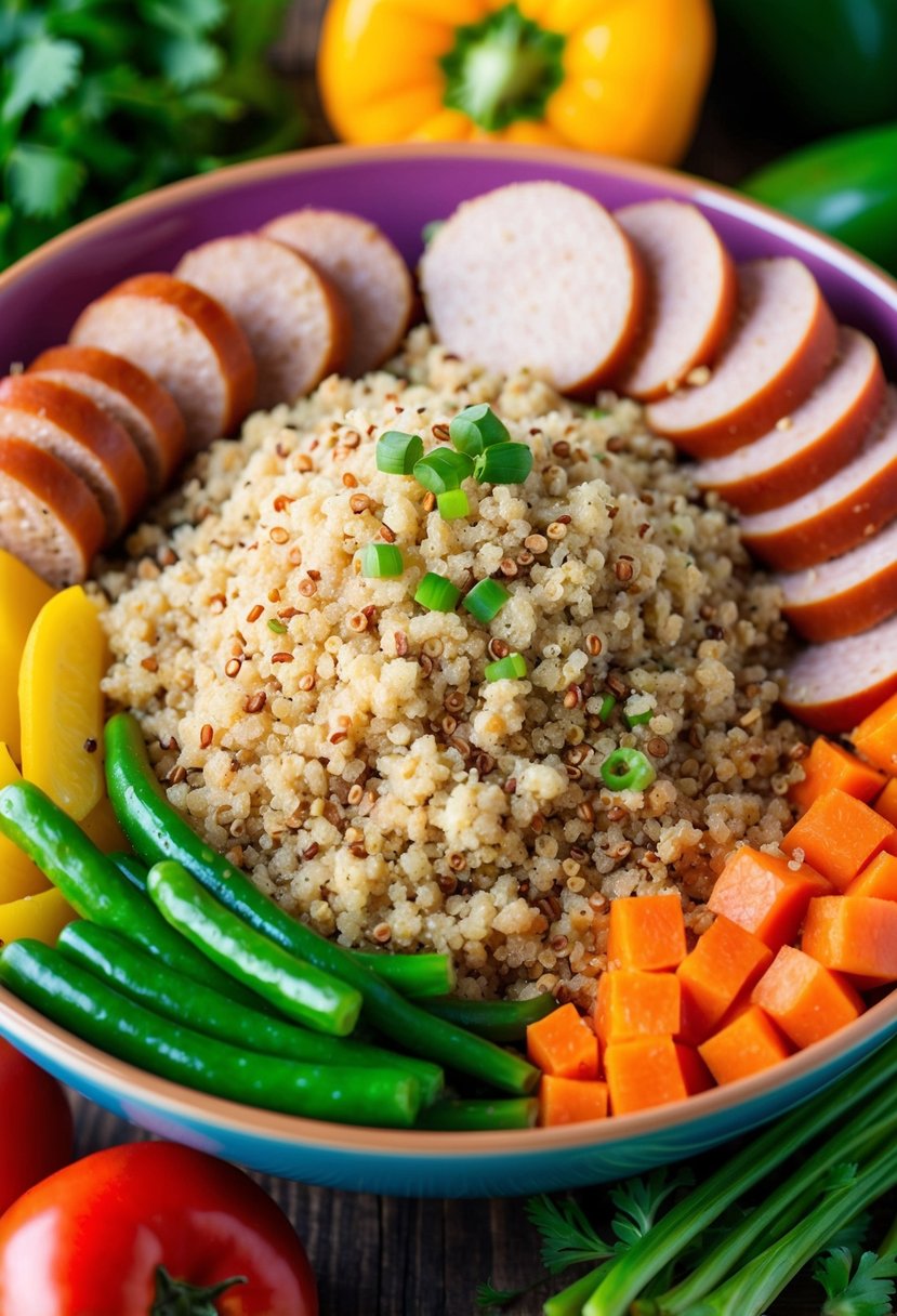 A colorful bowl filled with cooked quinoa, sliced turkey sausage, and assorted vegetables, arranged in an appetizing and healthy display