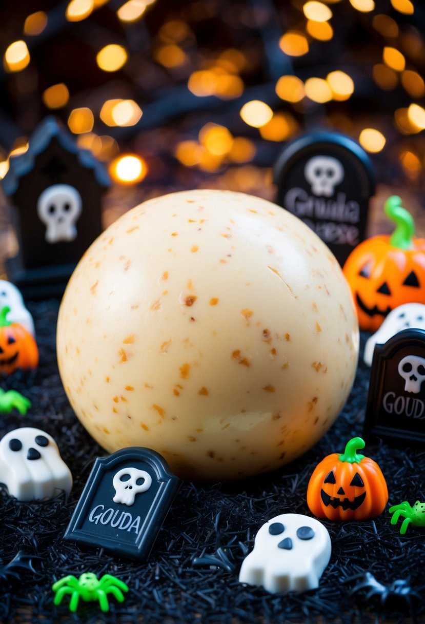 A spooky graveyard scene with a large Gouda cheese ball as the centerpiece, surrounded by creepy decorations and Halloween-themed snacks