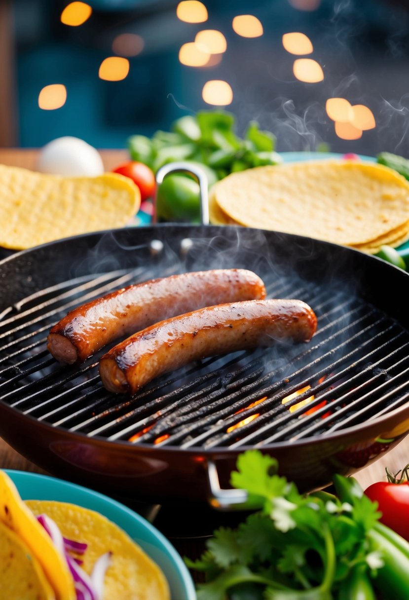 A sizzling grill cooks turkey sausage for tacos, surrounded by fresh vegetables and colorful tortillas