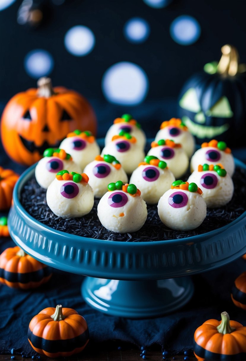 A platter of Monster Eyeball Mozzarella cheeseballs with creepy decorations on a Halloween-themed table