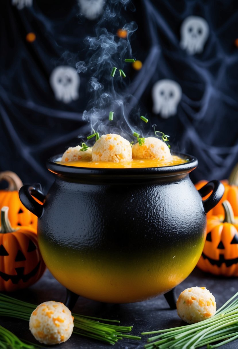 A bubbling cauldron surrounded by chives and cheese balls, set against a spooky Halloween backdrop