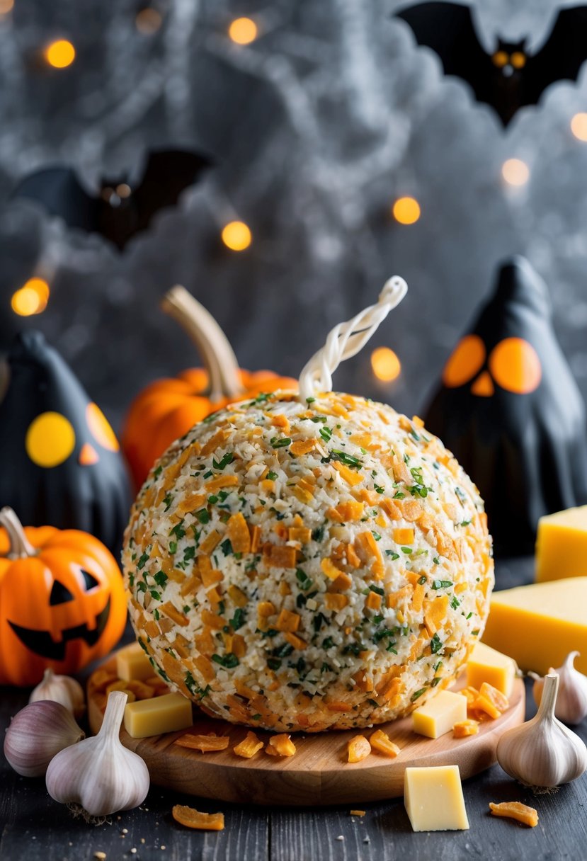 A spooky cheeseball surrounded by garlic cloves, gouda cheese, and Halloween-themed decorations