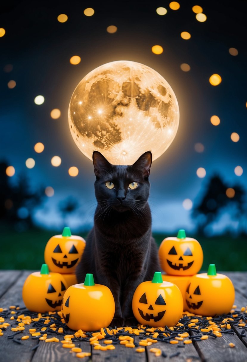 A black cat sits under a cheddar moon, surrounded by Halloween-themed cheeseballs