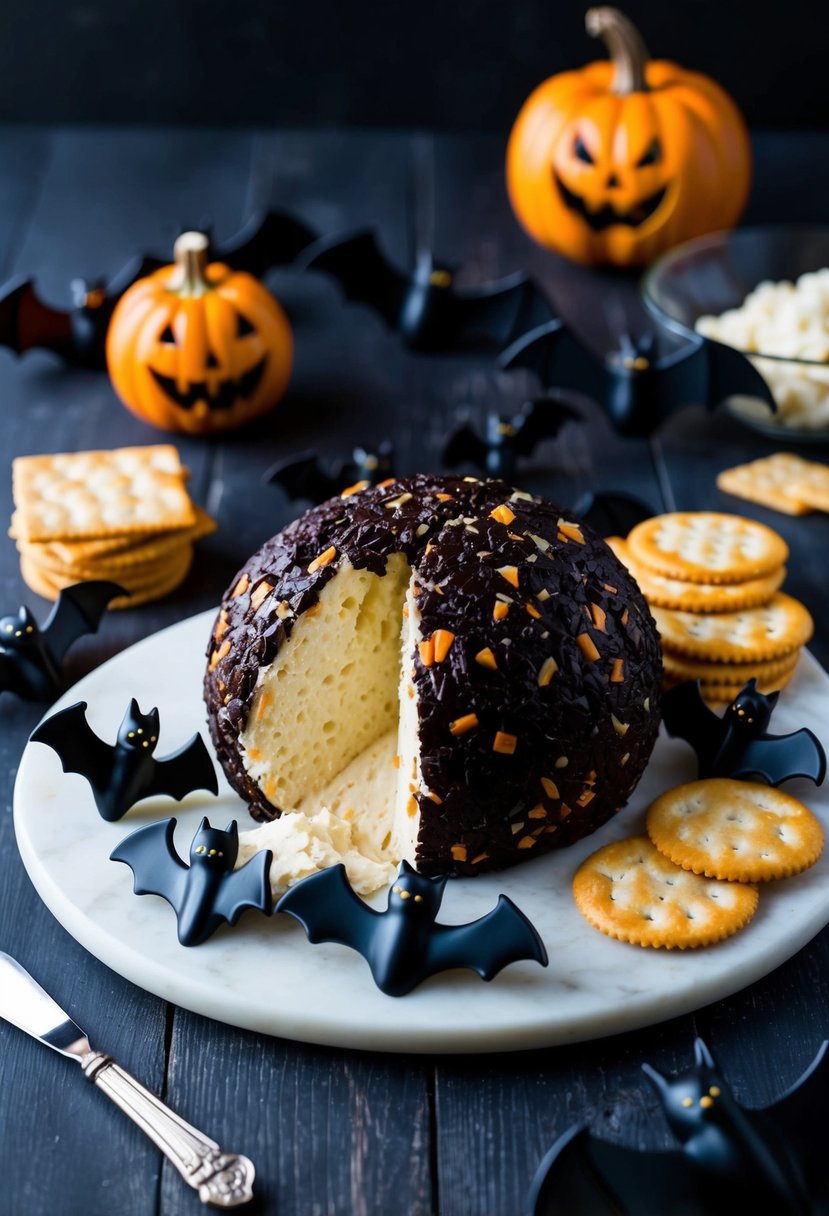 A spooky Halloween cheeseball surrounded by bats and served with crackers and a spreader