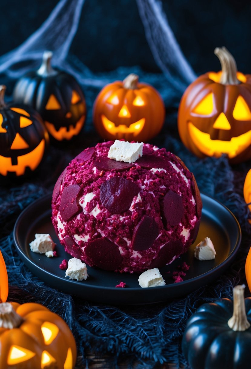 A spooky Halloween cheeseball with bloody beet and goat cheese, surrounded by dark, eerie decorations and glowing jack-o-lanterns