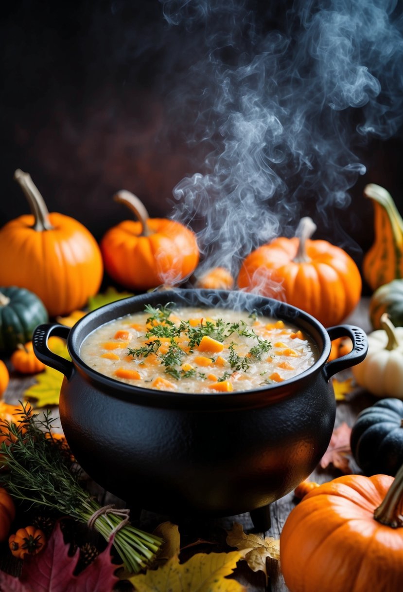 A bubbling cauldron surrounded by autumn leaves and pumpkins, with herbs and vegetables scattered around