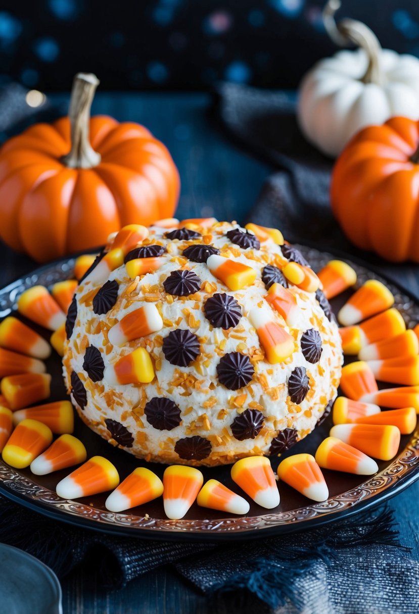 A festive Halloween cheeseball surrounded by candy corn and served on a decorative platter