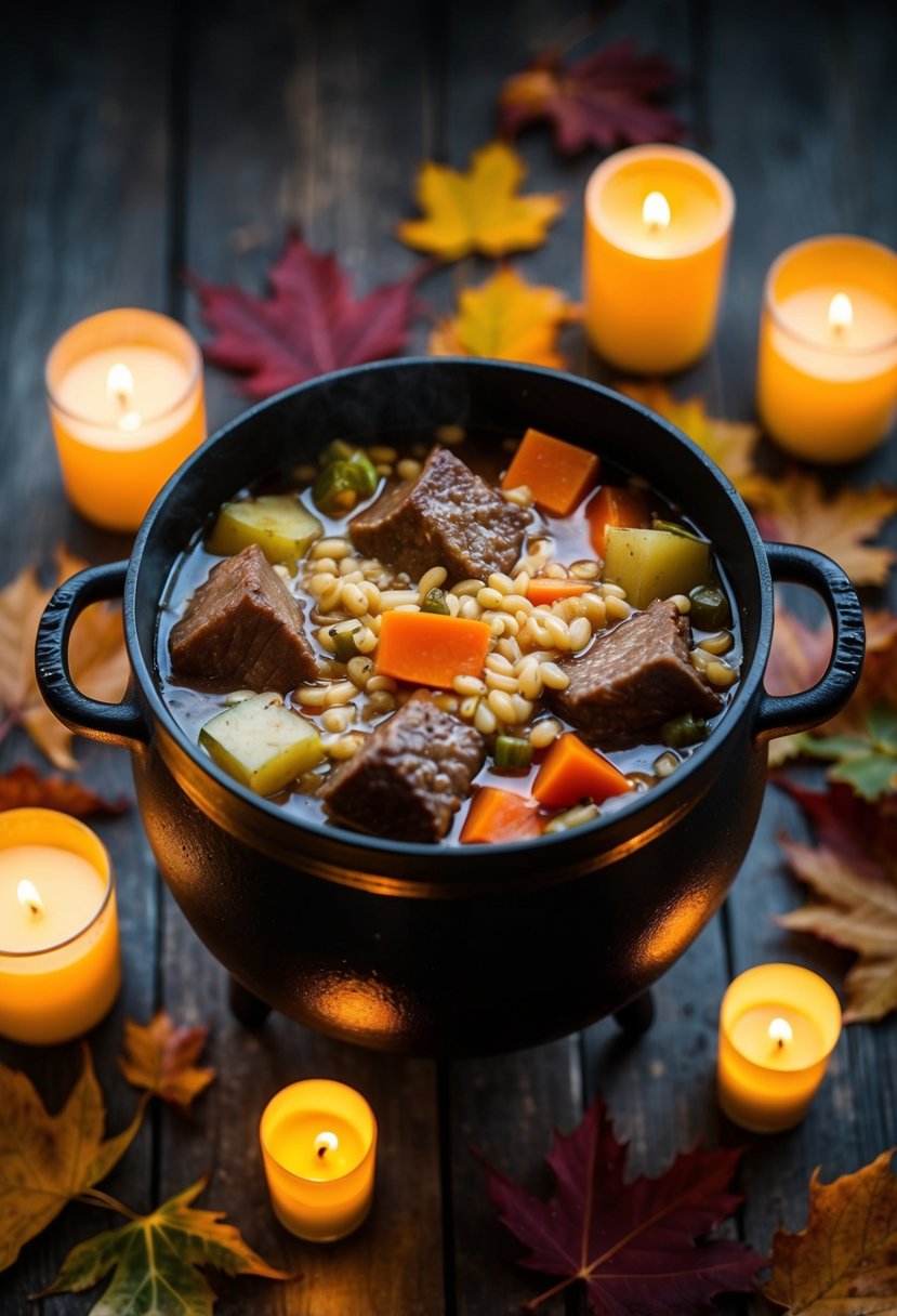 A bubbling cauldron filled with chunks of beef, barley, and assorted vegetables, surrounded by flickering candlelight and autumn leaves