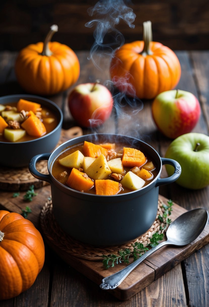 A rustic wooden table with a steaming pot of Pumpkin and Apple Harvest Stew surrounded by fresh pumpkins and apples