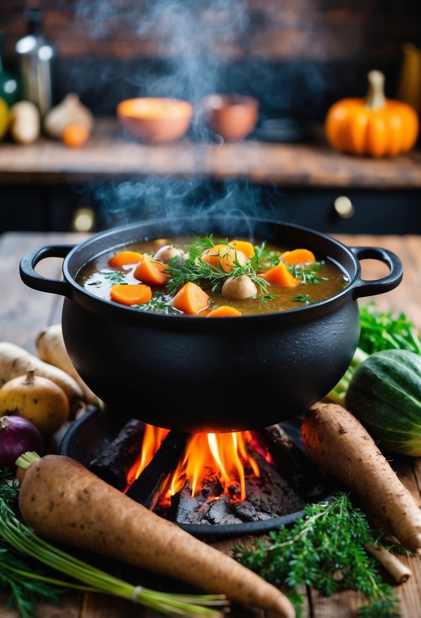 A rustic kitchen with assorted root vegetables, herbs, and a bubbling cauldron of Samhain stew over a crackling fire