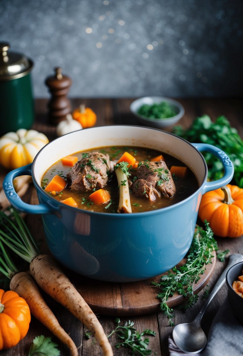 A rustic kitchen scene with a bubbling pot of Irish Lamb Stew surrounded by root vegetables and herbs, evoking a cozy and traditional Samhain atmosphere