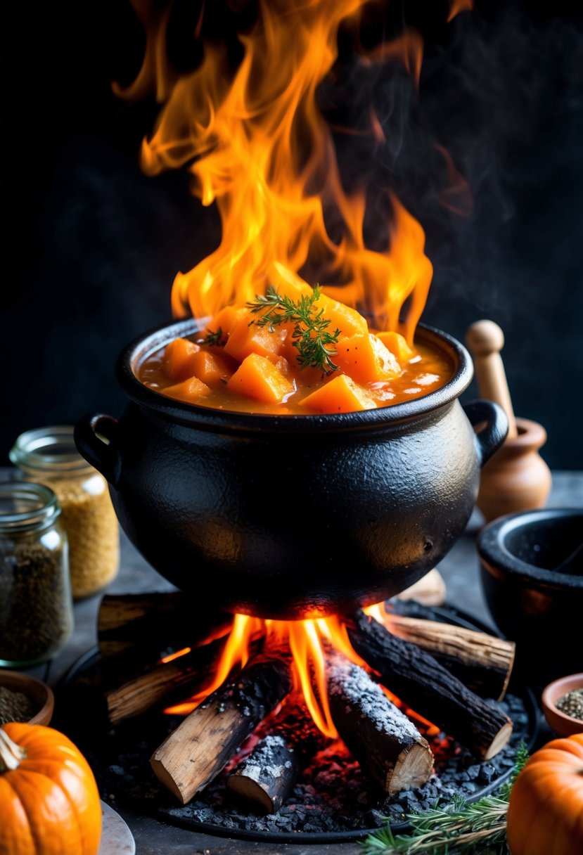 A bubbling cauldron sits atop a crackling fire, filled with a rich butternut squash stew. Surrounding it are jars of mysterious ingredients and a mortar and pestle for grinding herbs