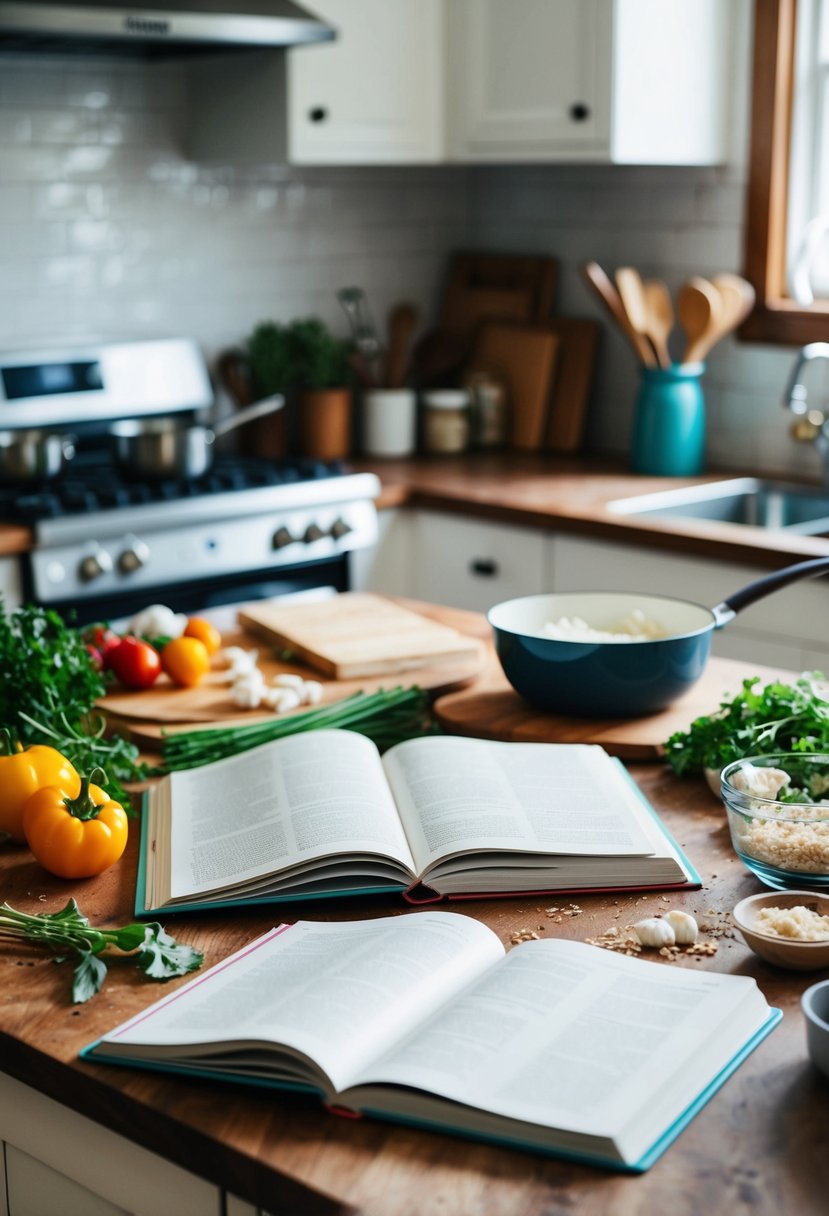 A cluttered kitchen counter with open cookbooks, scattered ingredients, and cooking utensils