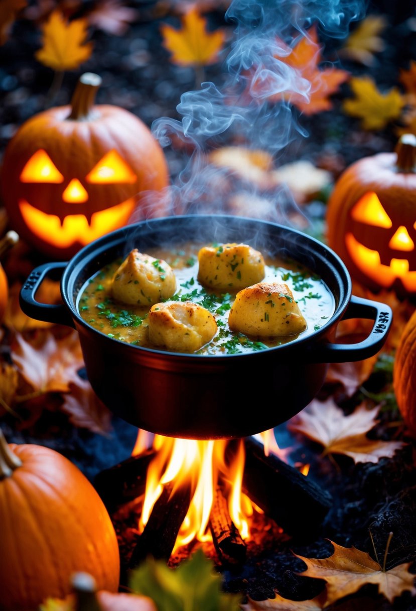 A steaming pot of herbed chicken and dumpling stew simmering over a crackling fire, surrounded by autumn leaves and the glow of jack-o'-lanterns