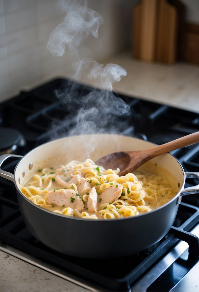 A pot of creamy chicken noodles simmering on a stovetop, steam rising, with a wooden spoon resting on the edge