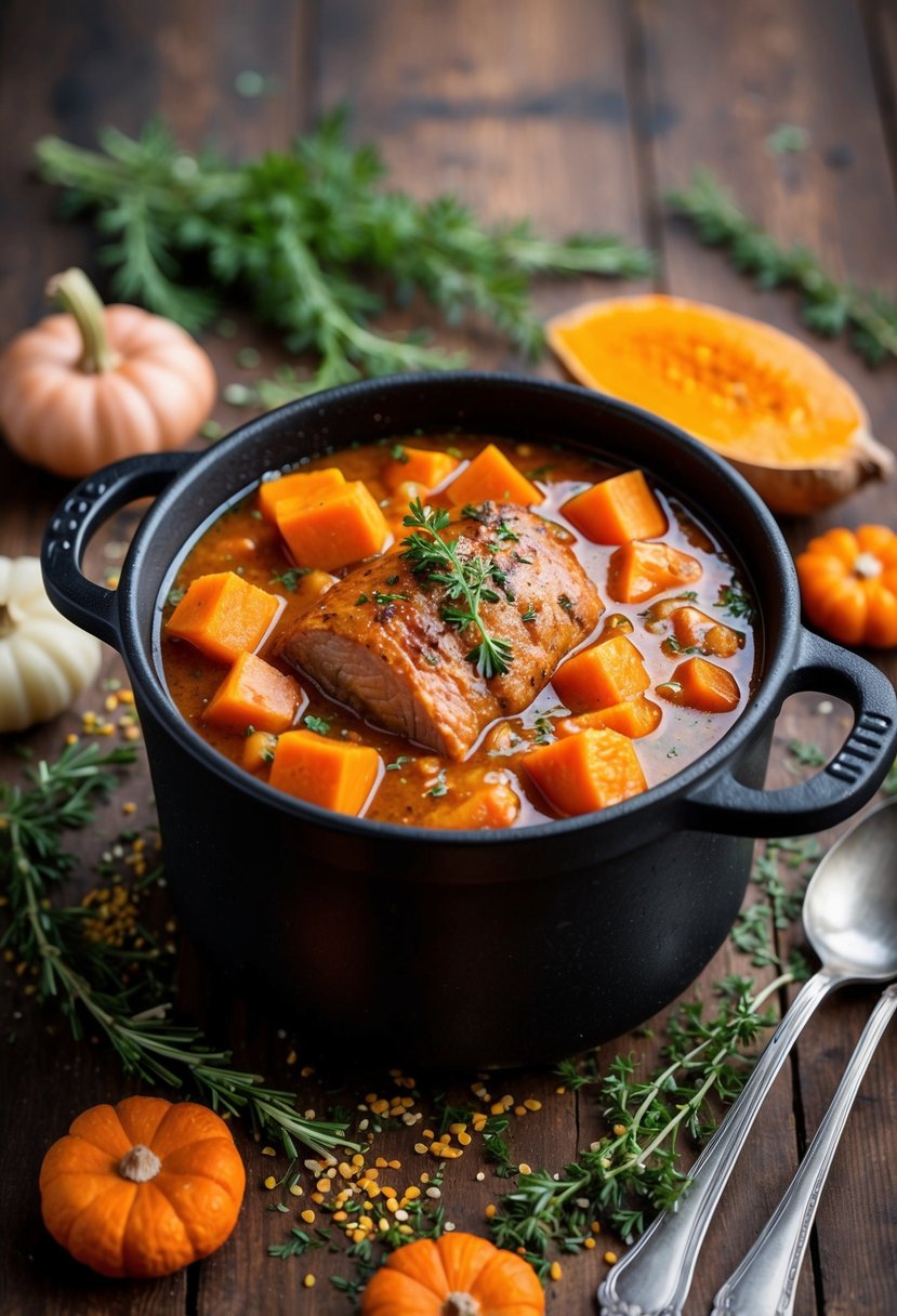 A bubbling cauldron of autumn spiced pork and sweet potato stew, surrounded by scattered herbs and spices