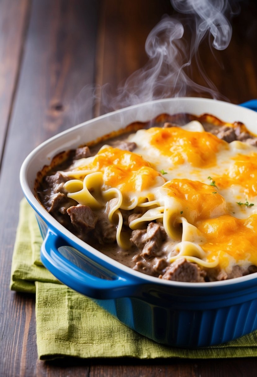 A bubbling casserole dish of Beef Stroganoff Bake sits on a wooden table, steam rising from the creamy, savory mixture of tender beef and egg noodles, topped with a golden layer of melted cheese