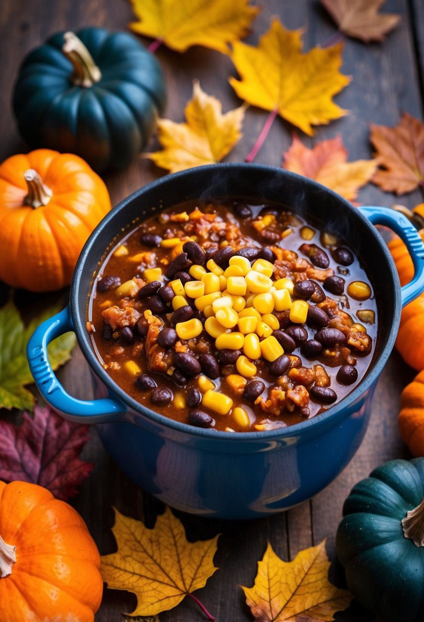 A bubbling cauldron of Black Bean and Corn Samhain Chili, surrounded by autumn leaves and pumpkins