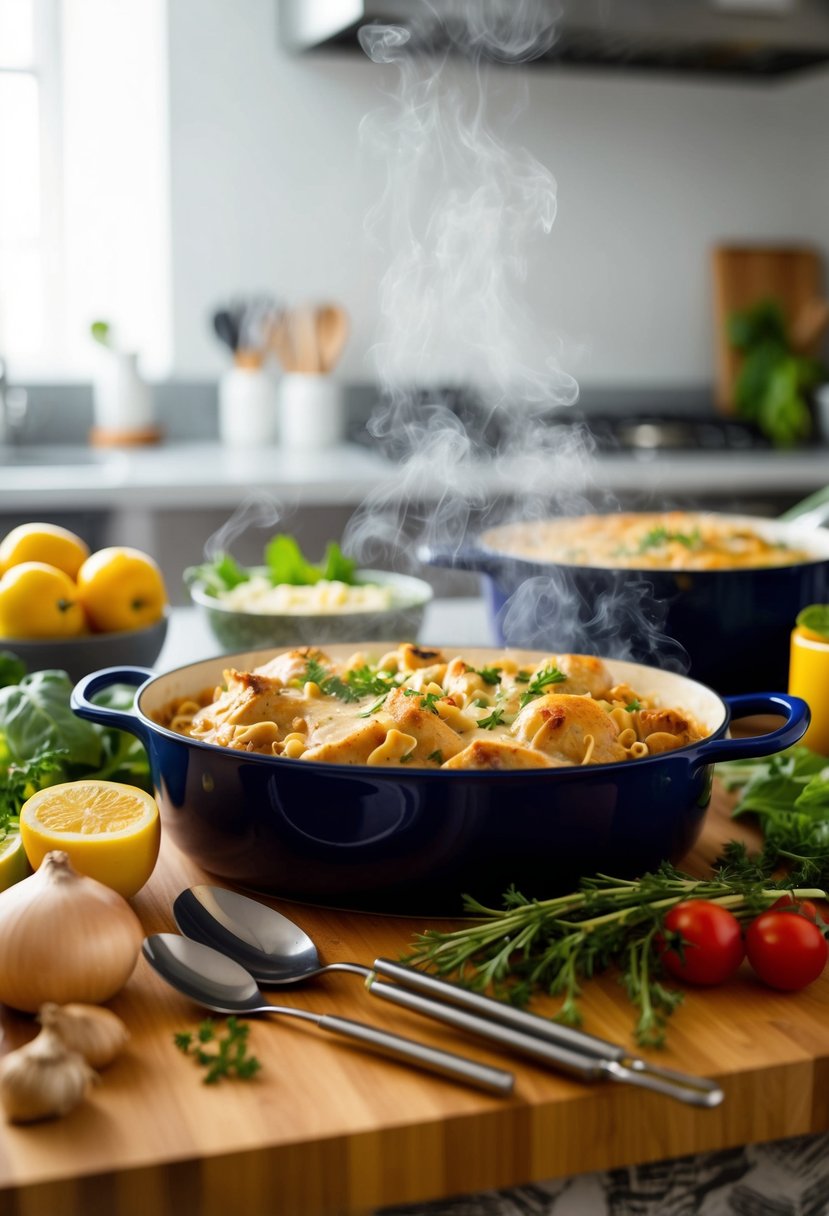 A steaming dish of turkey tetrazzini surrounded by fresh ingredients and cooking utensils on a kitchen counter