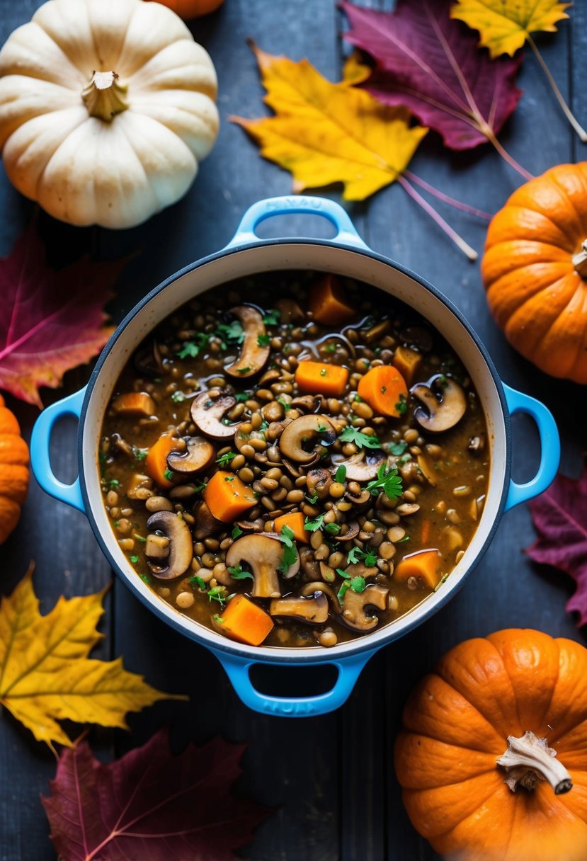 A simmering pot of savory mushroom and lentil stew, surrounded by autumn leaves and pumpkins