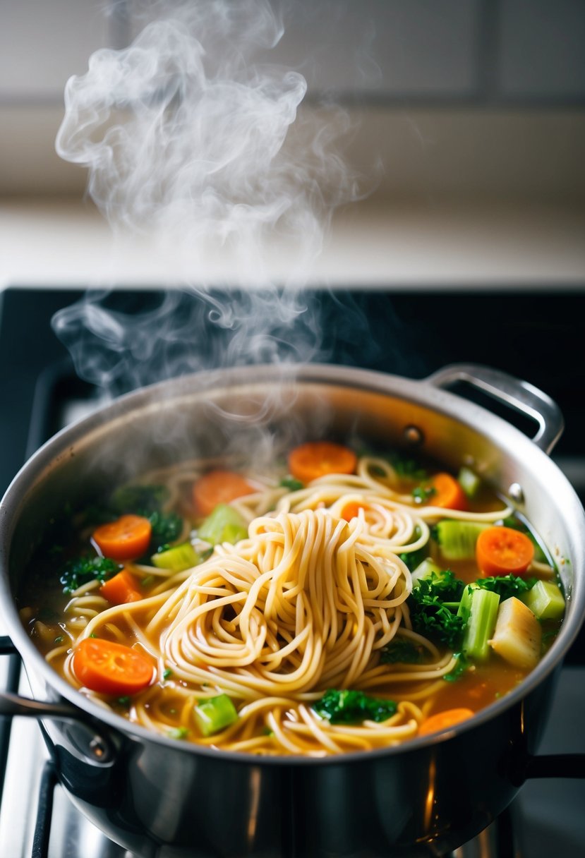 A steaming pot of vegetable noodle soup simmers on the stove, filled with colorful vegetables and long, twirling noodles