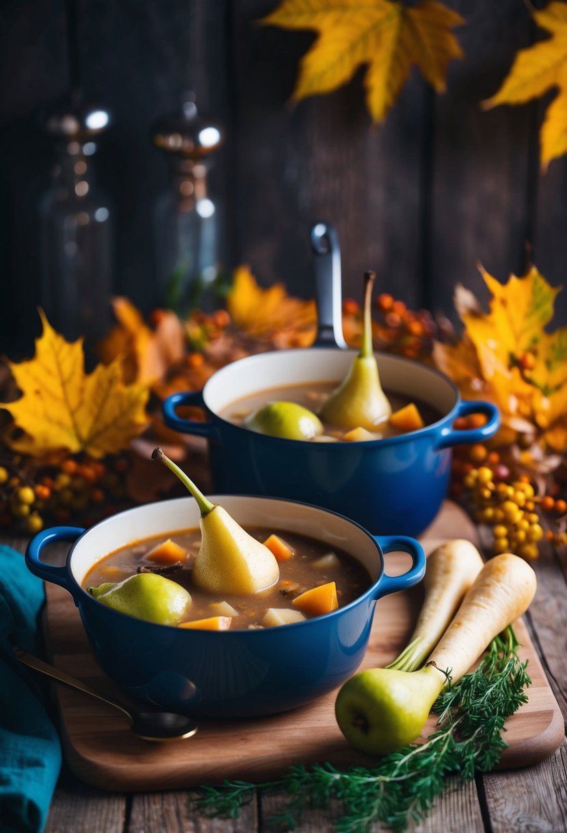 A cozy kitchen scene with a simmering pot of pear and parsnip stew, surrounded by autumn foliage and a warm, inviting atmosphere