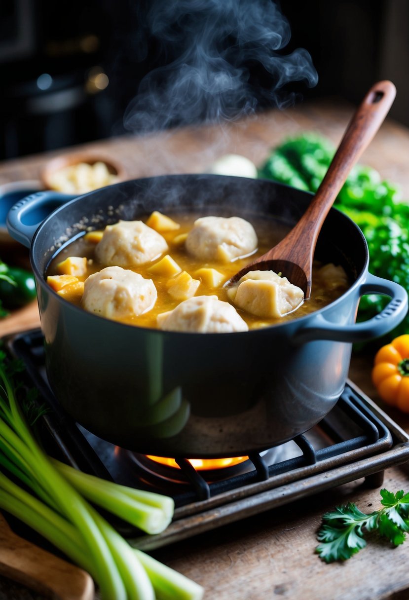 A steaming pot of chicken and dumplings simmering on a rustic stove, surrounded by fresh vegetables and a wooden spoon