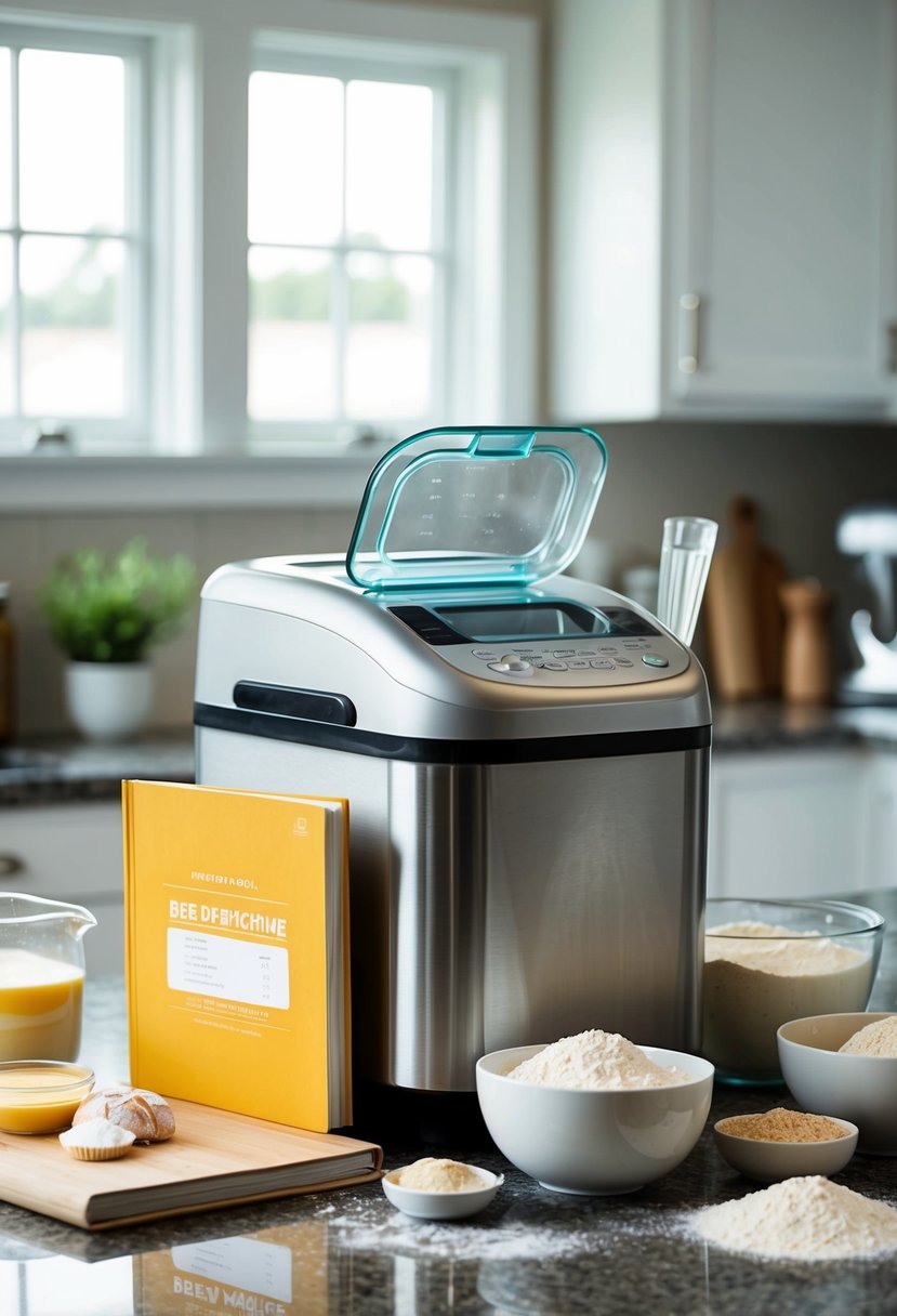 A bread machine surrounded by ingredients and a recipe book, with flour, yeast, and a mixing bowl on the countertop