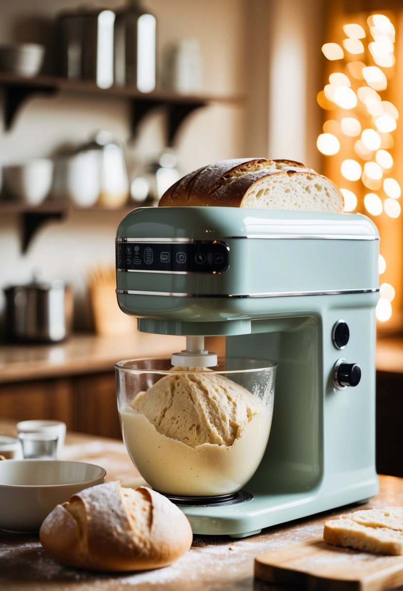 A bread machine mixing and kneading dough for classic white bread