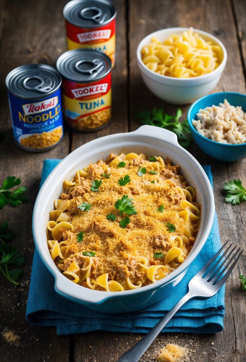 A steaming dish of tuna noodle casserole sits on a rustic wooden table, surrounded by ingredients like noodles, cans of tuna, and a sprinkle of breadcrumbs