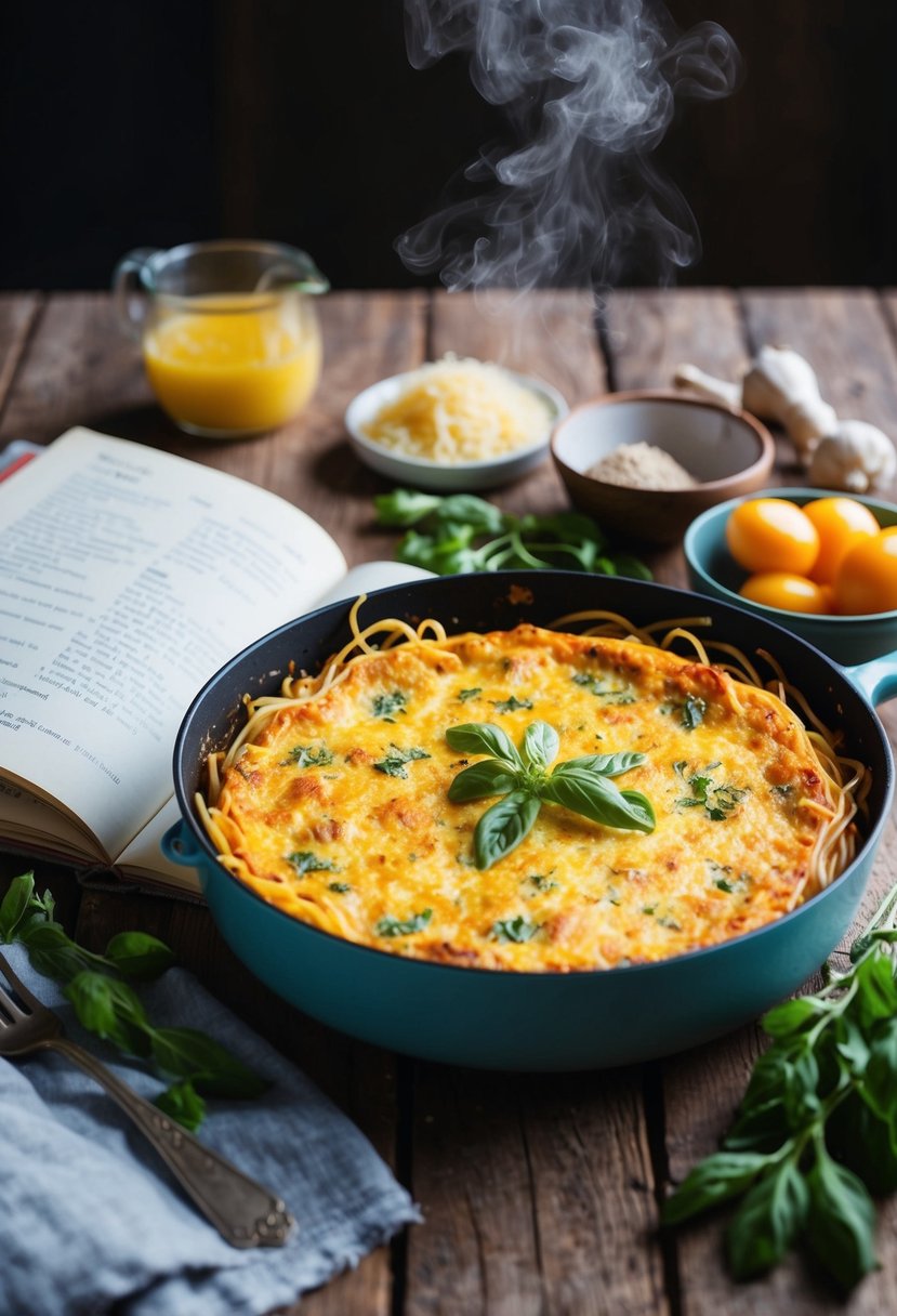 A steaming baked spaghetti frittata sits on a rustic wooden table, surrounded by fresh ingredients and a vintage cookbook open to a Reames recipe