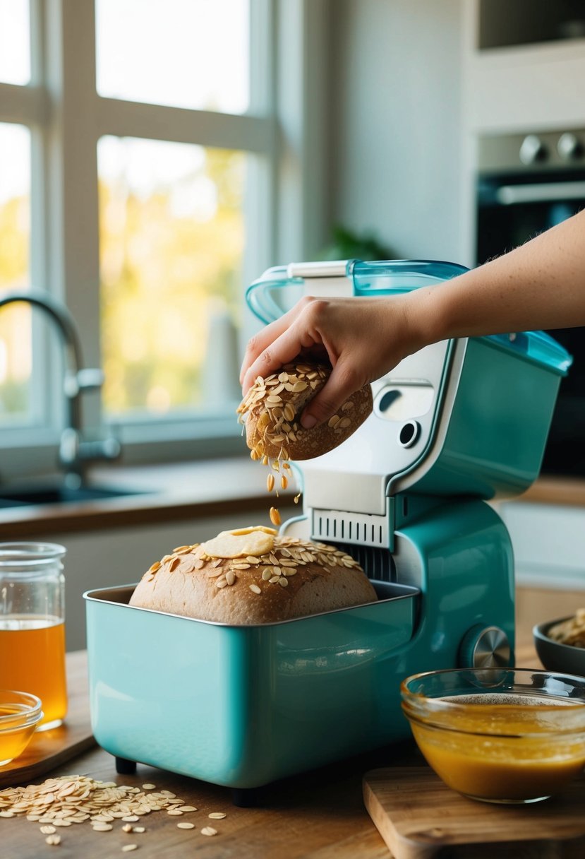 A bread machine mixing ingredients for honey oat bread