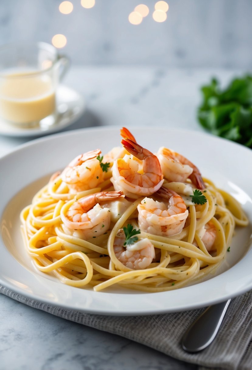 A steaming plate of Shrimp Alfredo Pasta with a creamy sauce, plump shrimp, and twirled pasta on a white dinner plate