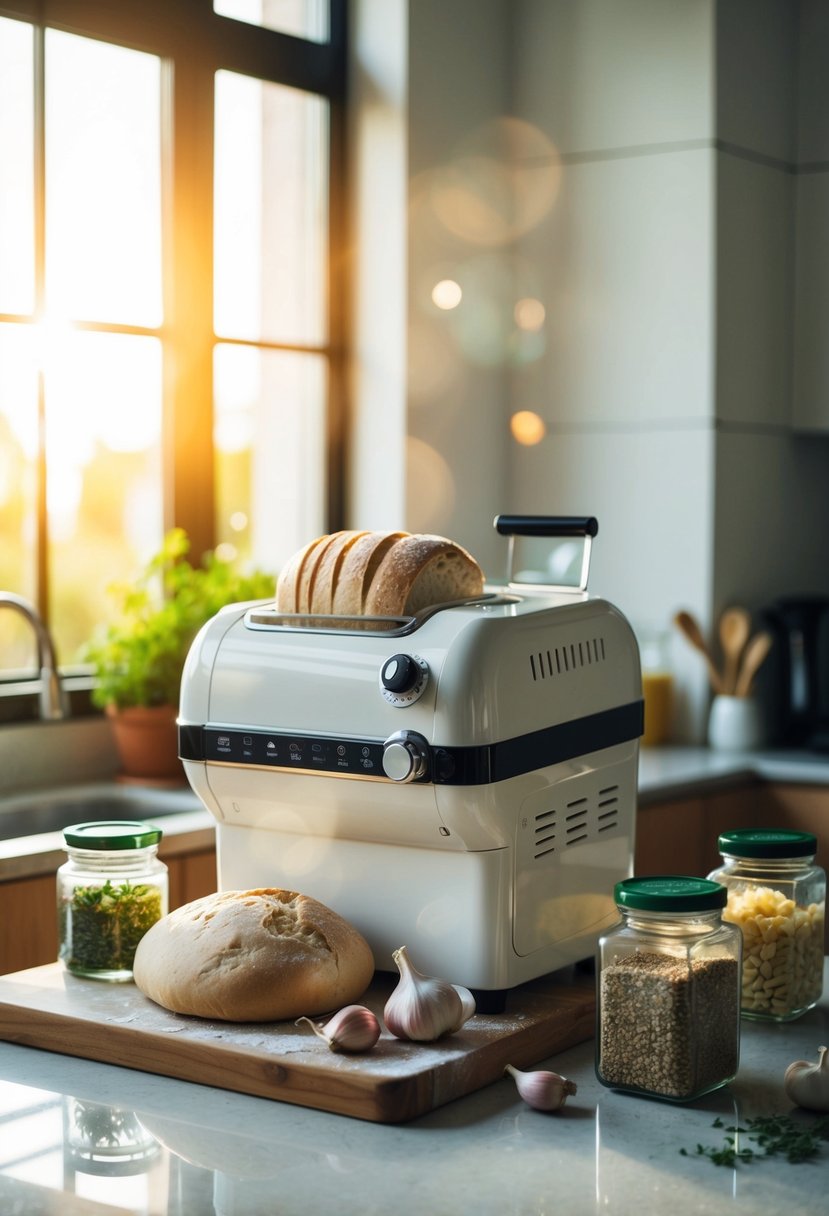 A bread machine sits on a kitchen counter, filled with dough and surrounded by jars of garlic and herbs. Sunlight streams through the window, casting a warm glow on the scene