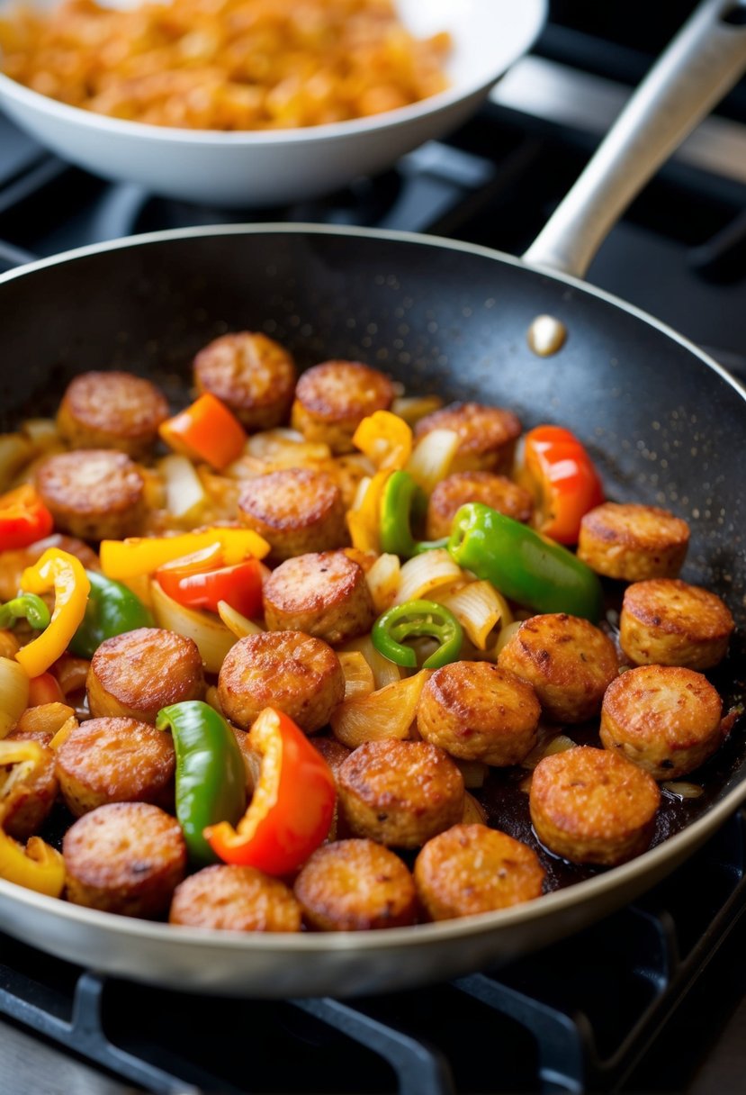 A sizzling skillet of Cajun sausage, peppers, and onions cooking on a stovetop