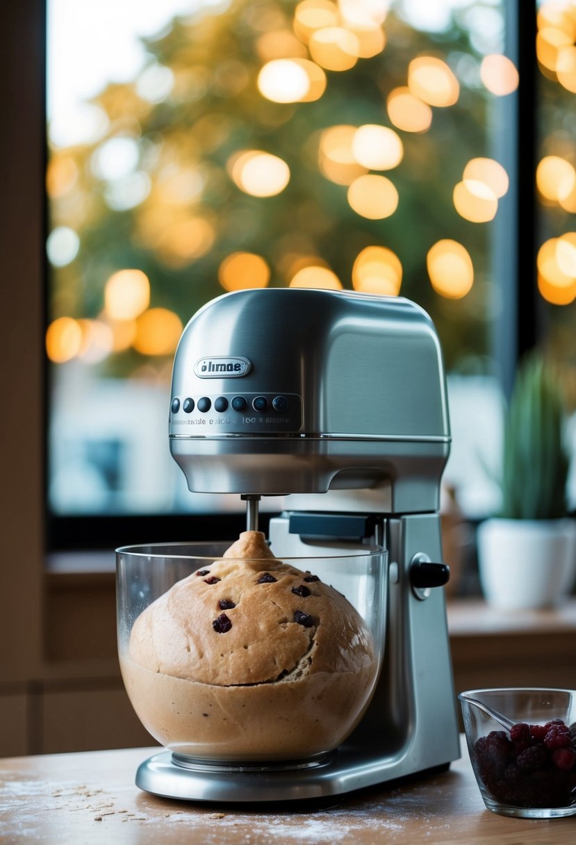 A bread machine mixing dough for cinnamon raisin bread