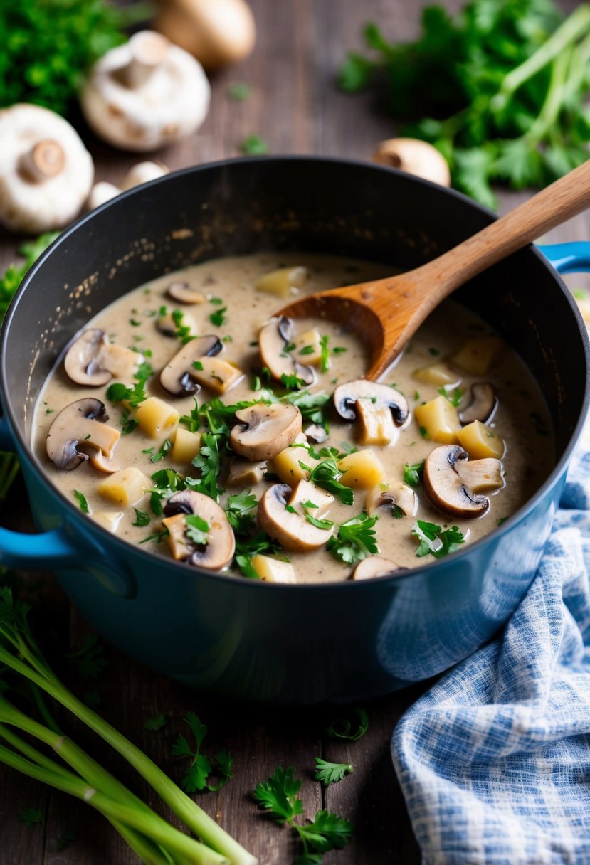 A simmering pot of mushroom stroganoff surrounded by fresh ingredients and a wooden spoon