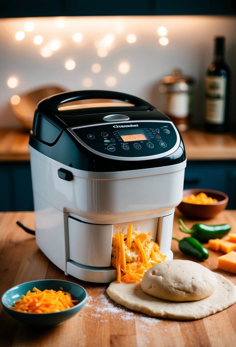 A bread machine mixing cheddar and jalapeño into dough