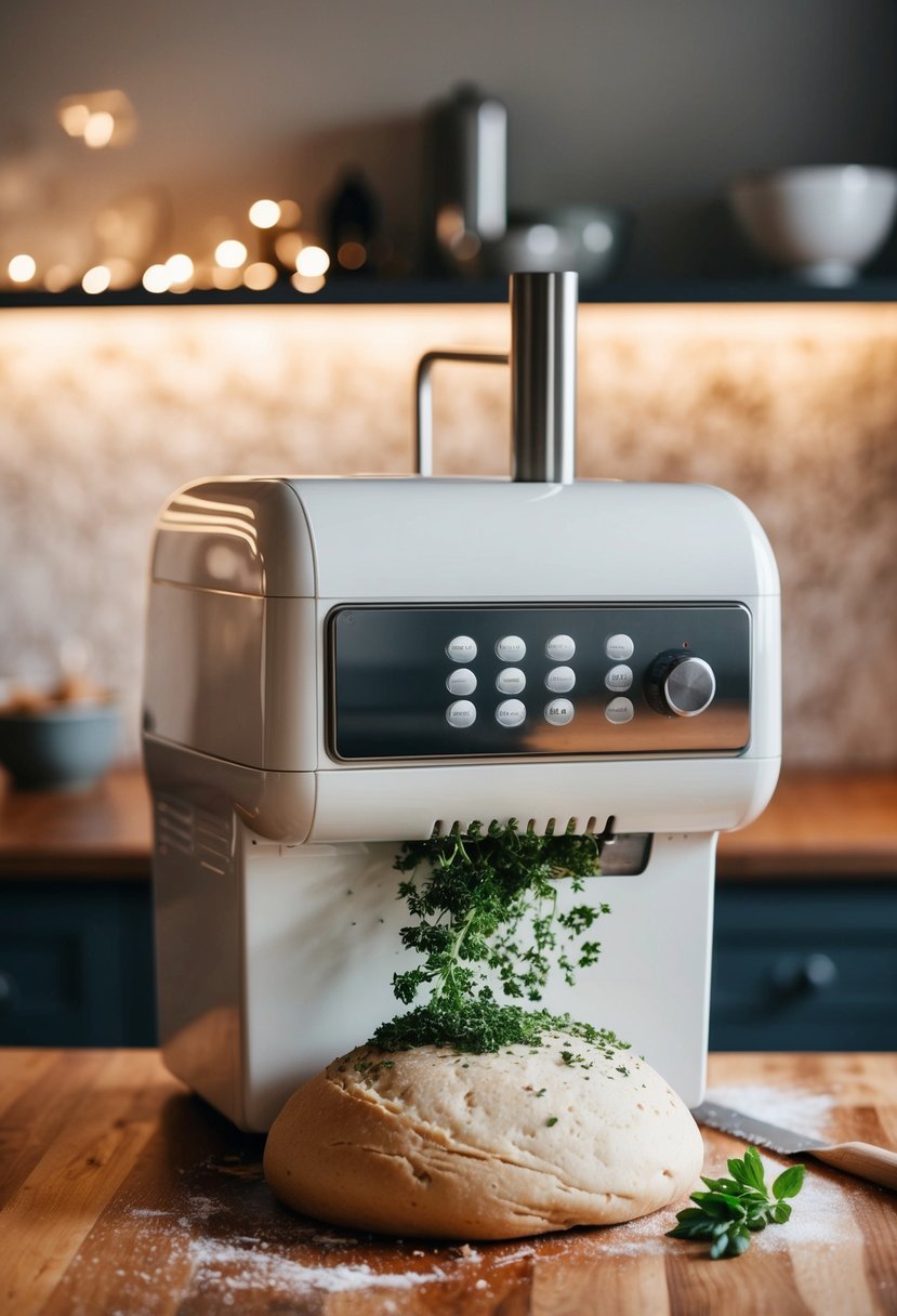 A bread machine mixing Italian herbs into dough