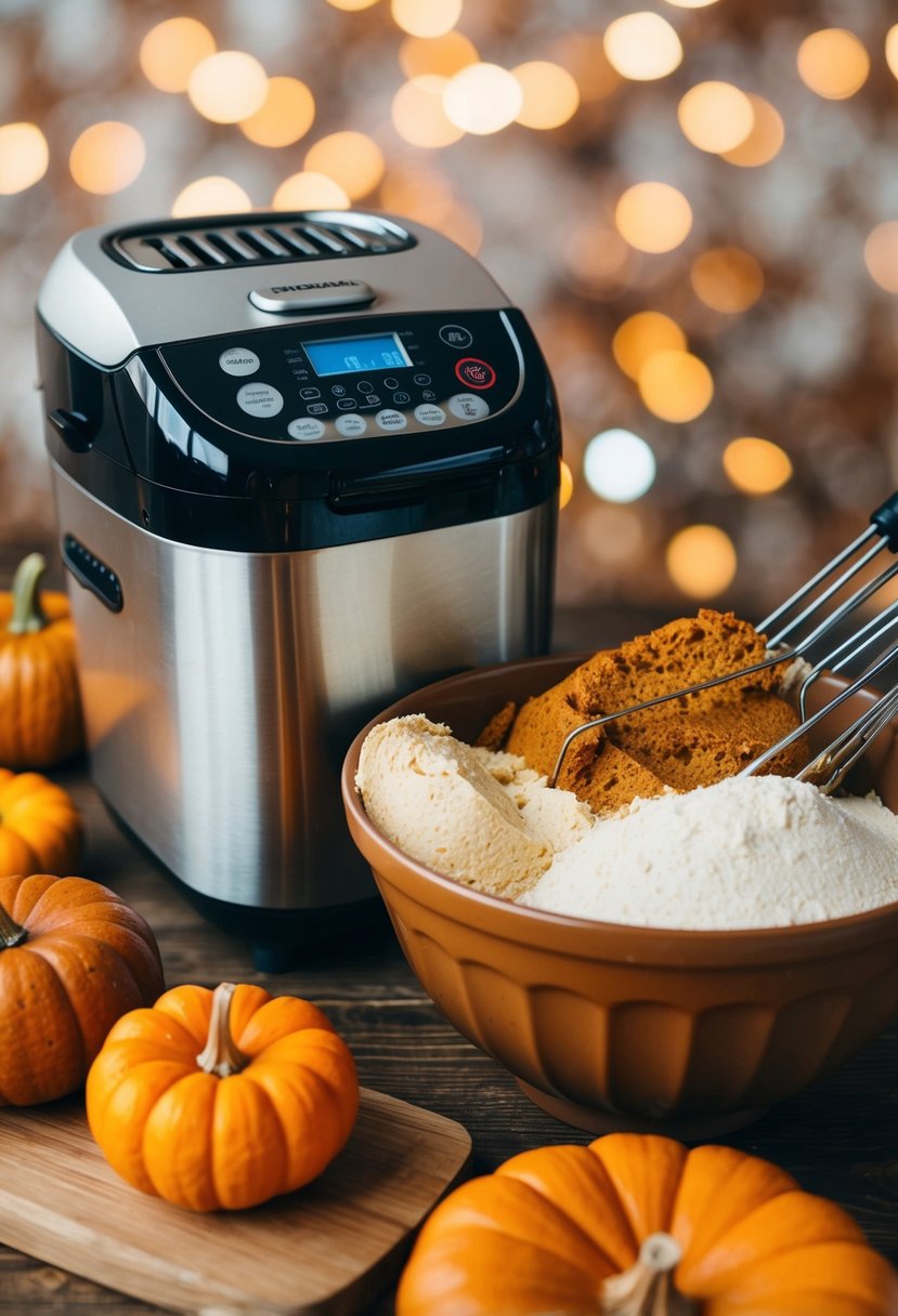 A bread machine mixing ingredients for pumpkin spice bread