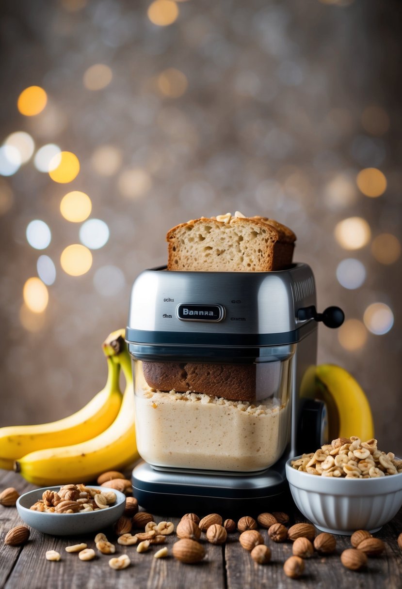 A bread machine filled with ingredients for banana nut bread, surrounded by scattered nuts and a ripe banana