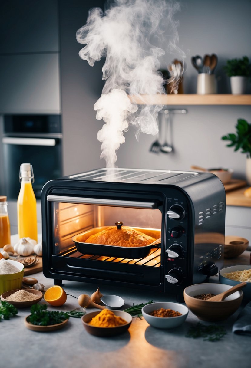 An electric roaster oven surrounded by various ingredients and utensils, with steam rising from a dish inside