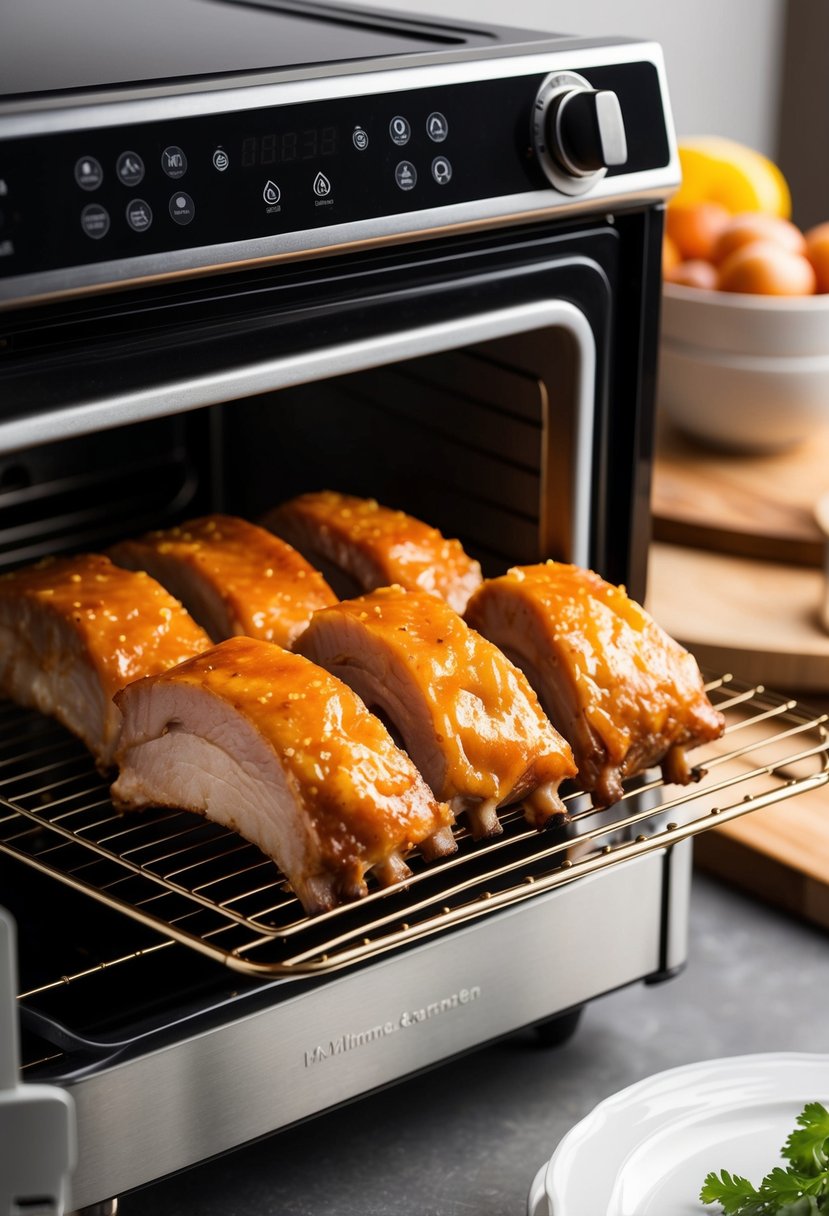 Pork ribs marinating in honey garlic sauce, placed in an electric roaster oven