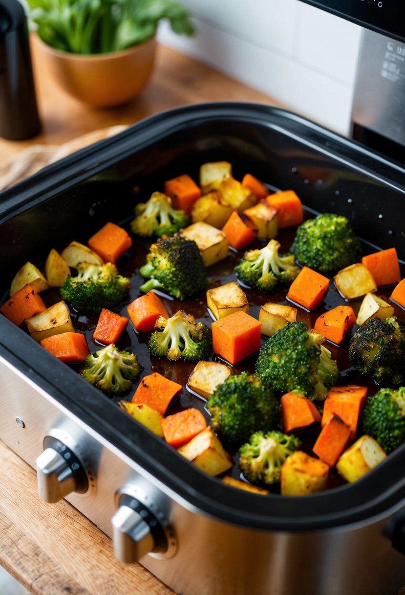 Assorted vegetables roasting in a balsamic glaze in an electric roaster oven